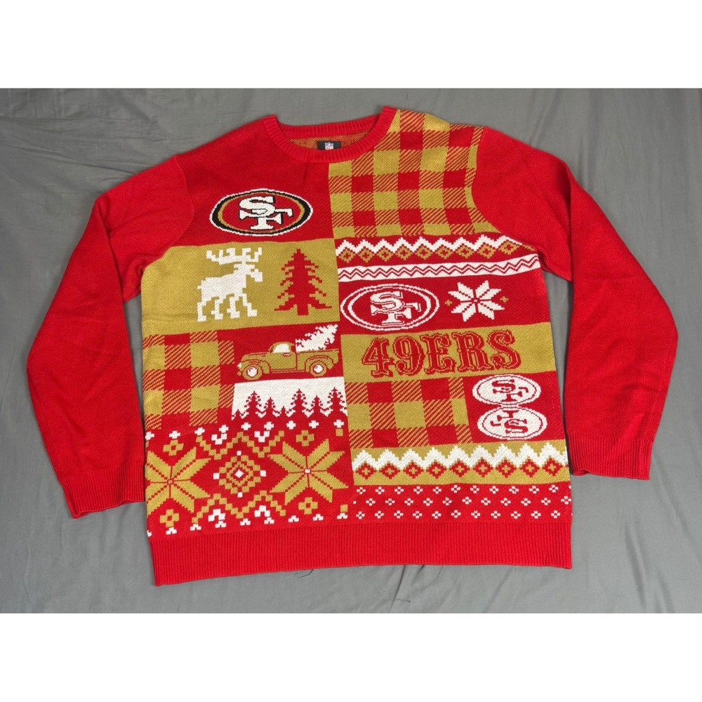 NFL Team Apparel San Francisco 49ers Mens XL Red Gold Holiday Patchwork Sweater